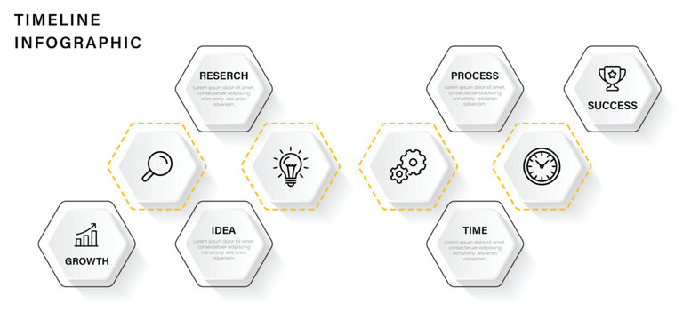 Timeline Infographic with Hexagon icons. Hexagon template with options for process diagram, workflow, timeline, web design. Vector illustration. 