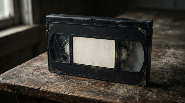 Old Dusty Black Video Cassette With Blank Label On Wooden Table