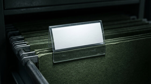 Blank White Label In Plastic Holder On Green Hanging File Folder