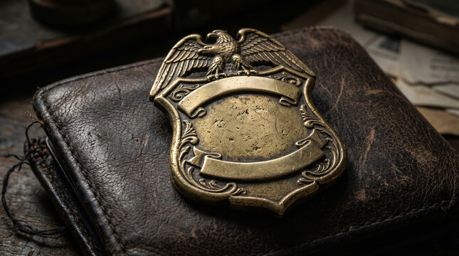 Vintage Metal Eagle Badge With Blank Ribbons On Worn Leather Case