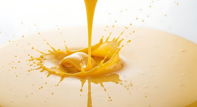 Golden liquid splashes forming crown shape in a still pool of similar fluid
