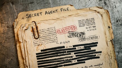 Redacted Secret Agent File Documents Resting On Metal Surface