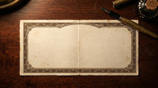 Vintage Blank Certificate Document Resting On Wooden Desk