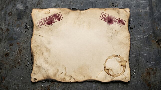 Burnt Classified Document Paper With Coffee Stain On Metal Surface