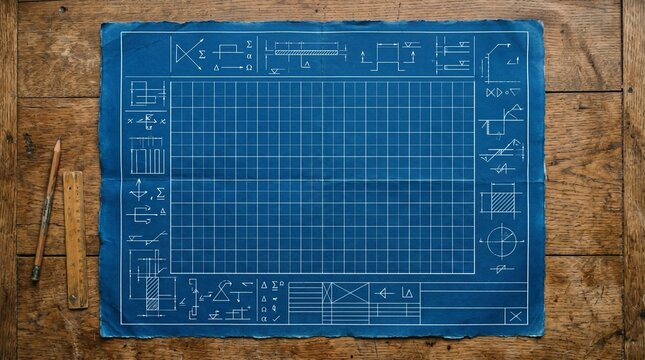 Blank Blue Blueprint Paper With Technical Symbols On Wooden Desk