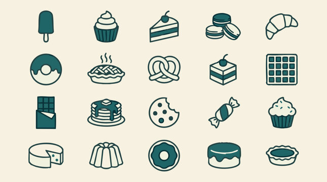 Delicious assortment of dessert and sweet food icons on a light background