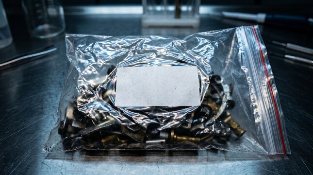 Clear Plastic Evidence Bag With Blank Label Holding Metal Parts