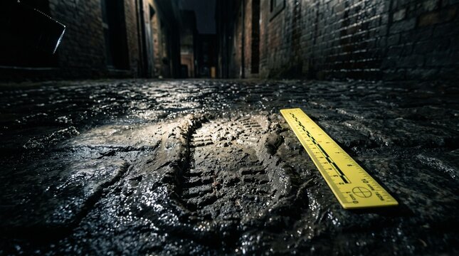 Muddy Footprint Near Yellow Evidence Ruler On Dark Wet Cobblestone