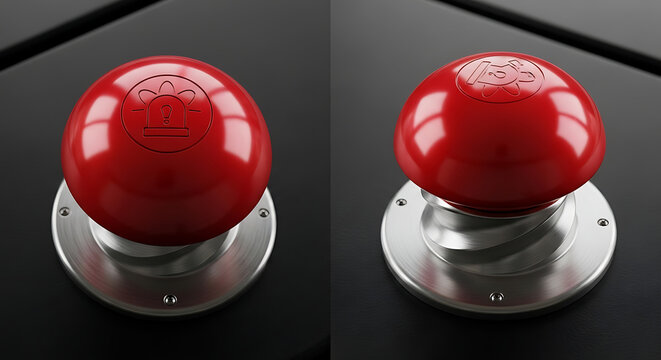 Polished crimson alarm actuator mounted on a brushed steel pedestal featuring overhead and profile perspective against a mysterious shadowy backdrop for critical intervention concept.