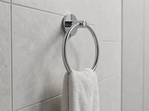 A towel hanging on a bathroom towel ring, great for travel or home use