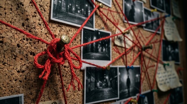 Detective Investigation Board With Blank Photos Connected By Red String