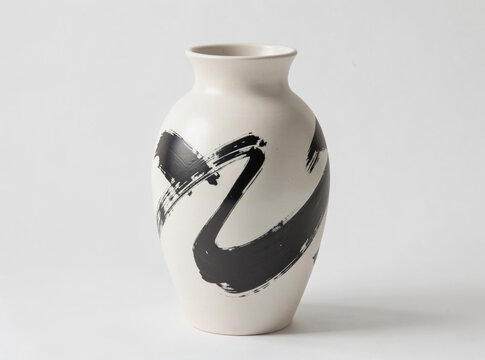 A decorative white vase featuring a black design