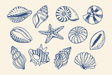 Obraz premium Mediterranean seashells set. Blue hand drawn marine icons. Sketch illustrations.