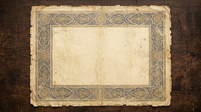 Blank Vintage Document Paper With Ornate Blue Border On Wooden Desk