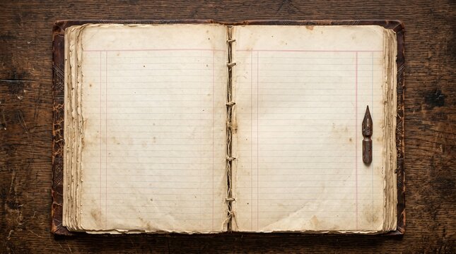 Vintage Blank Lined Ledger Book Resting On Wooden Desk With Pen