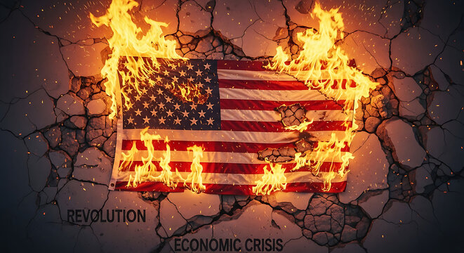 United States national flag burning with intense flames and glowing sparks against a dark cracked concrete wall representing revolution freedom civil unrest and political rebellion concept.
