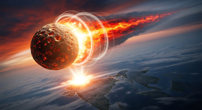 Apocalyptic cinematic 3D render of a massive cosmic asteroid colliding with planet Earth in space featuring fiery explosion, atmospheric destruction, and planetary extinction event.