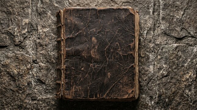 Ancient Leather Bound Book Resting On Rough Stone Surface Texture