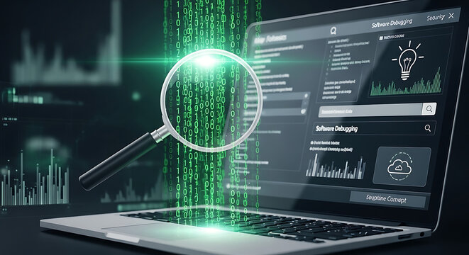 Modern laptop displaying a floating magnifying glass over falling green binary code representing digital forensics software and cybersecurity investigation technology for data security.
