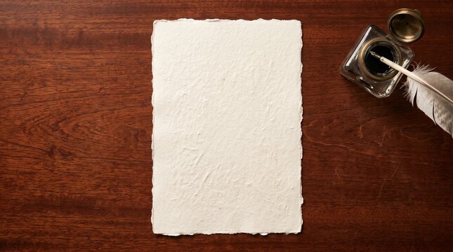 Blank Handmade Paper Sheet With Quill Pen On Polished Wooden Desk
