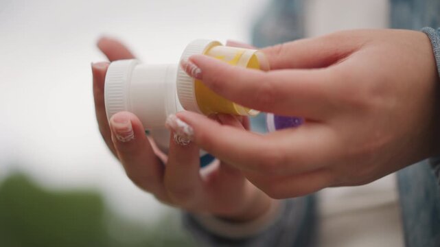Closeup of hand testing caps. Hands gently inspect color covers against overcast sky. Closeup shot showing hands delicately examining paint container lids outdoors beneath cloudy sky