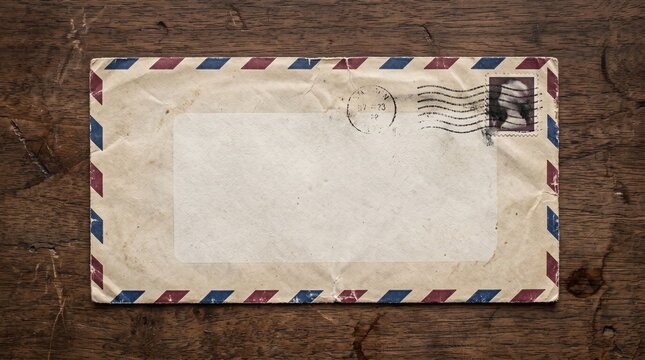 Vintage Airmail Envelope With Blank Label Resting On Wooden Desk