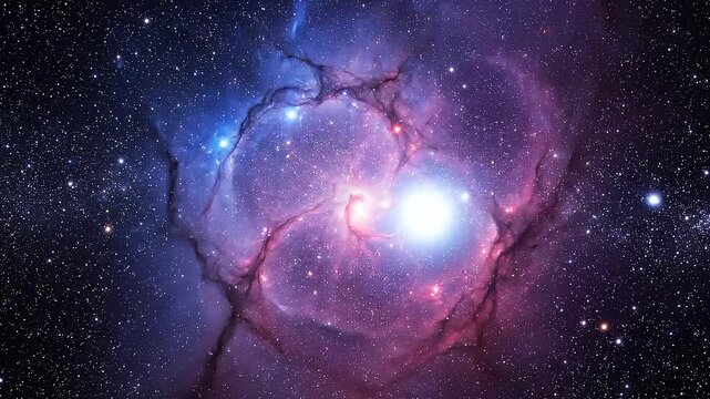 A stunning nebula fills the frame, with vibrant hues of pink, purple, and blue swirling gracefully through vast space, forming luminous cosmic clouds that glow softly across the universe endlessly.