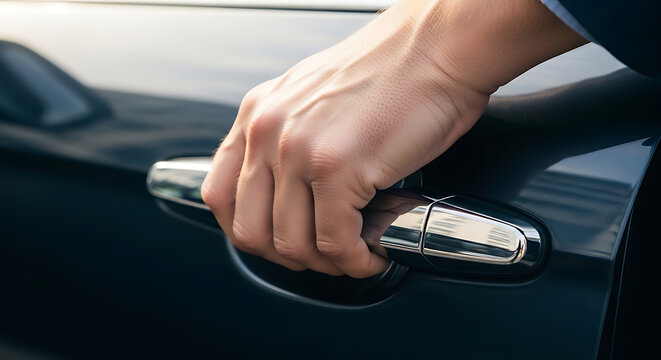 Male hand reaching to pull handle of sleek modern automobile door, extreme closeup view focusing on the mechanical movement and grip when entering a parked luxury passenger vehicle.