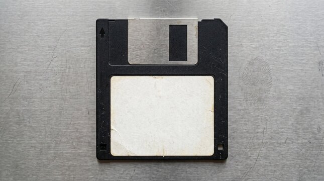 Vintage Floppy Disk With Blank Label Resting On Scratched Metal