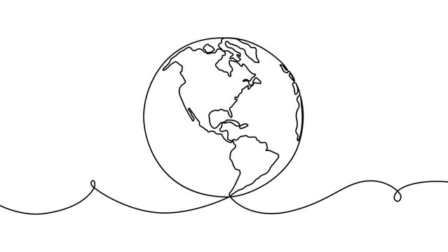 Continuous one line globe earth art world sustainable education outline. Earth globe tree science leaf environment drawing health book illustration planet doodle history student day school college big