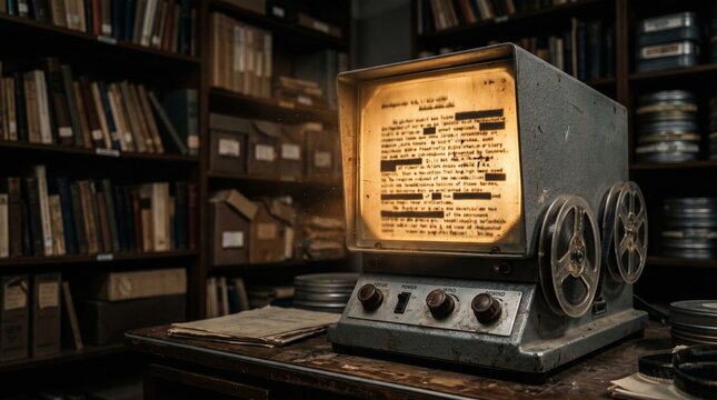 Old Microfilm Reader Displaying Redacted Document In Dark Library