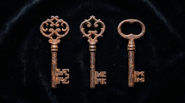 Three Rusty Antique Skeleton Keys Resting On Black Velvet Cloth