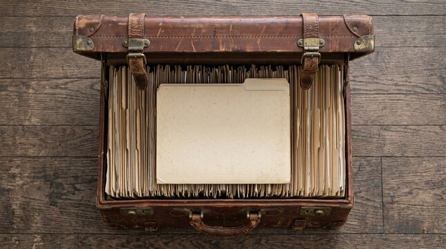Open Vintage Leather Suitcase Full Of Old File Folders With Blank Label