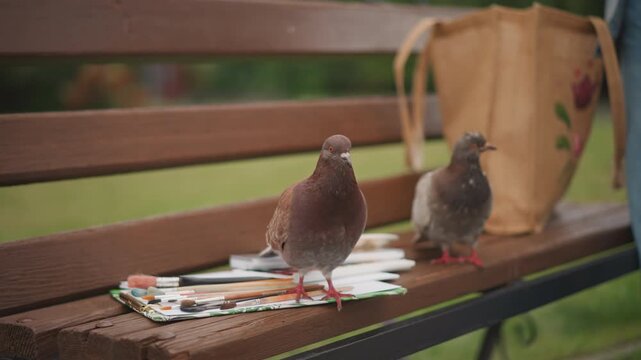 Pigeons on park bench inspecting palette, brushes and paper, brown bag beside birds, paintbrushes scattered, glossy feathers, curious pecking, shallow depth of field, soft bokeh, green lawn