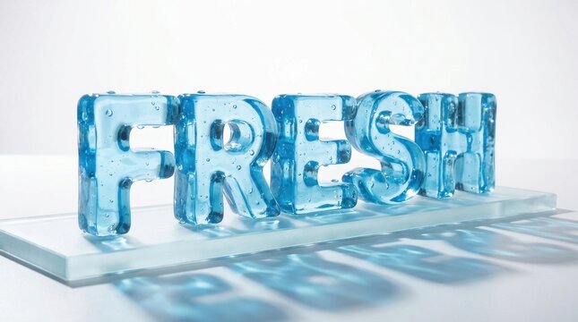 3D word FRESH made of blue transparent ice sitting on a frozen block with a bright white background
