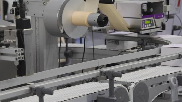 Automatic Labelling Machine Roll of Stickers at Packaging Production Line