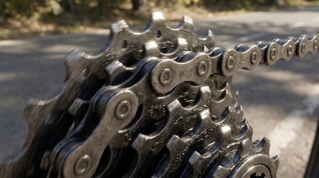 Detailed macro view of a silver bicycle chain running over rear derailleur gears