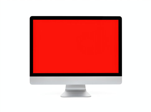 A computer monitor with a red screen on a white surface, great for representing an error message or a warning