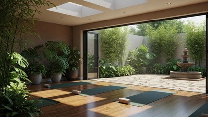 Fototapeta premium Yoga studio with outdoor view interior scene for health and wellness
