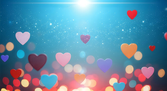 colorful floating hearts with sunburst for mothers day celebration and love theme