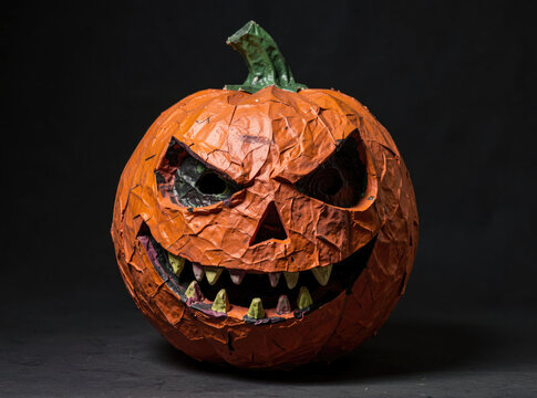A paper mache pumpkin sitting on a dark, black surface