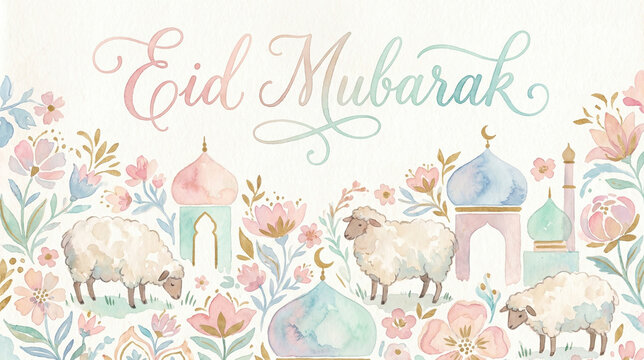 Watercolor Eid Mubarak Illustration with Sheep, Floral Elements, and Mosque Domes