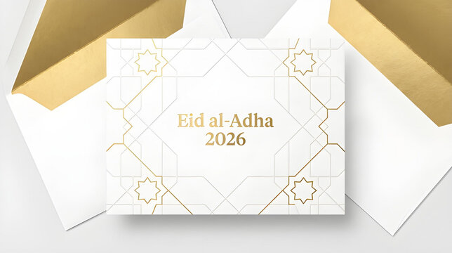 Minimal Corporate Eid al-Adha 2026 Greeting Card in White and Gold Style