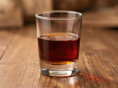 A glass of liquor sits alone on a wooden table, awaiting its fate