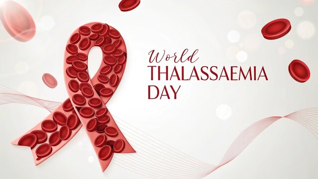Conceptual representation of World Thalassaemia Day with blood cell ribbon.