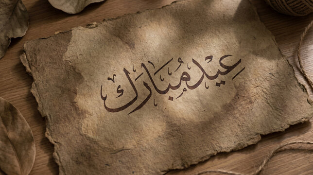 Rustic Eid Mubarak Calligraphy on Handmade Paper Texture with Traditional Style