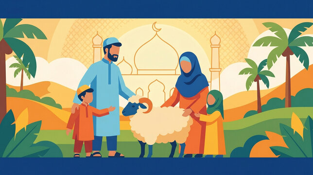 Flat Vector Eid Sacrifice Scene with Sheep Family and Mosque Illustration