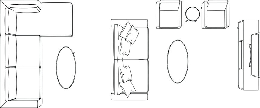 Living room layout variations CAD vector, black and white top view interior floor plan set with sectional sofa, seating arrangements, coffee tables and TV console for architectural space planning