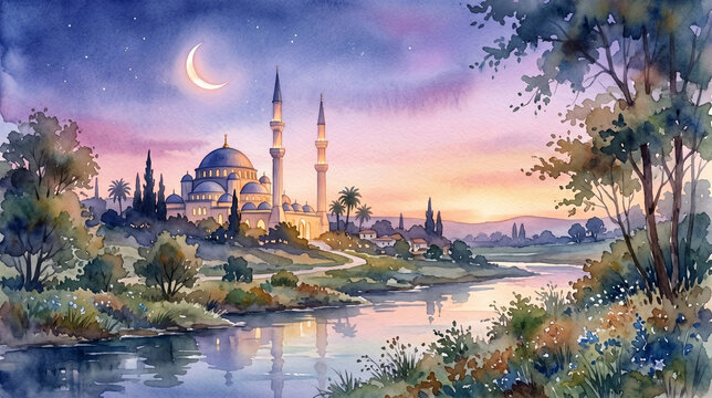 Watercolor Mosque and Crescent Moon Landscape Under Twilight Sky