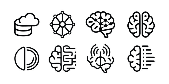 Artificial Intelligence Brain Line Icons Set AI Neural Network Machine Learning Vector Collection